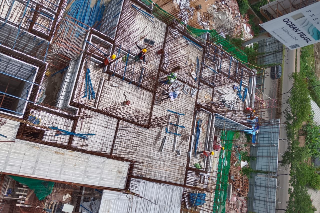 Aerial view of reinforcement steel work on a construction site